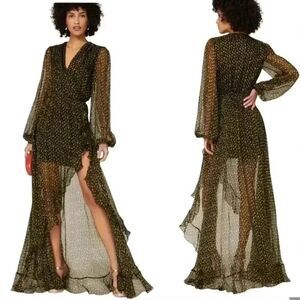 CAROLINE CONSTAS Vivian Winter Rose Black Floral Full Length 100% Silk Dress XS